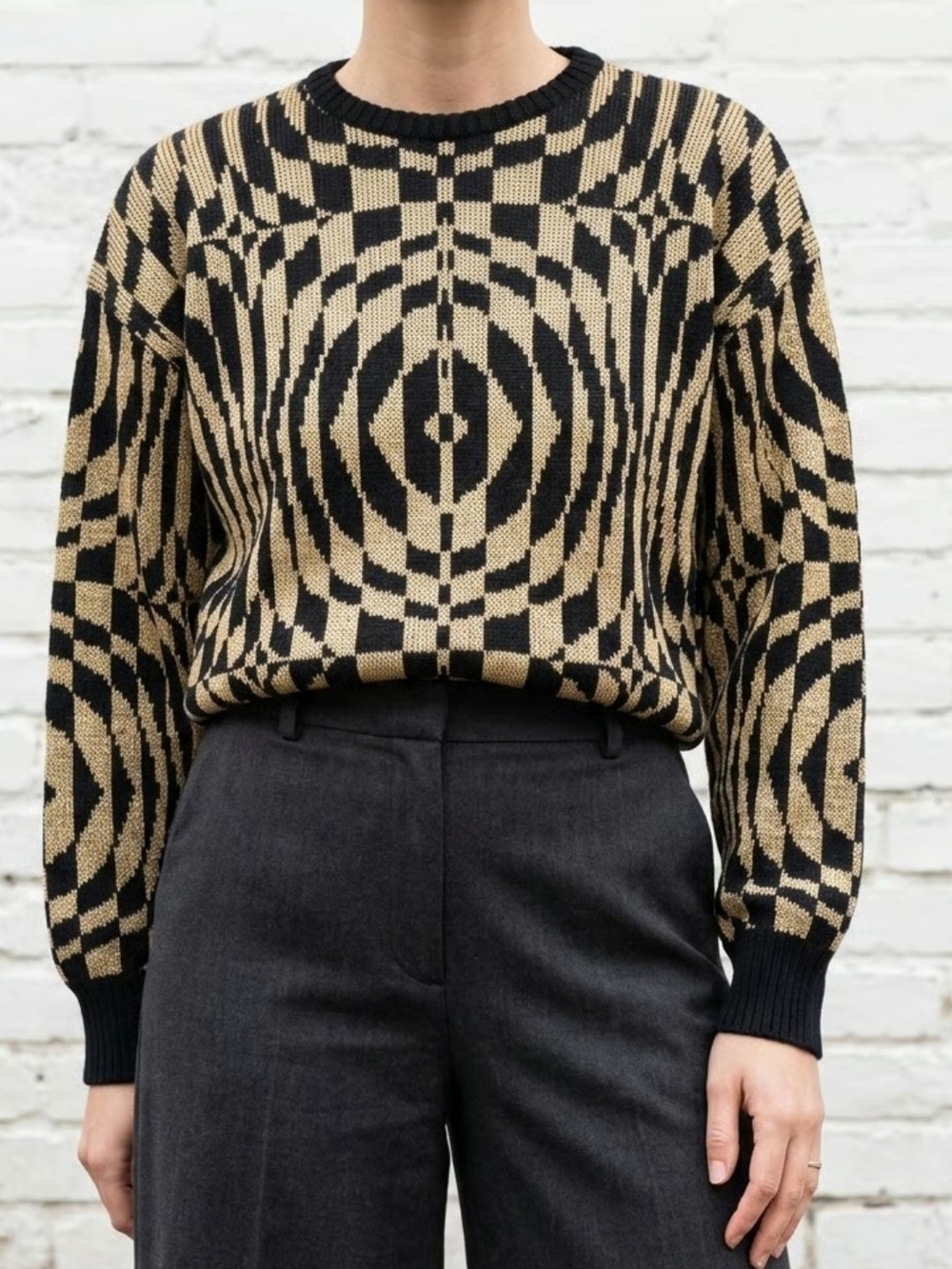 Geo-Print Crewneck Sweater in Black and Tan